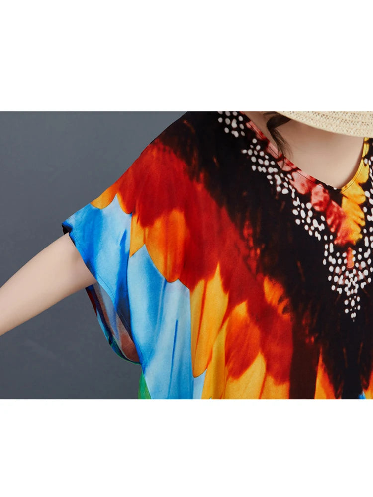 XITAO Print V-neck Batwing Sleeve Contrast Color Dress Pullover Loose Temperament Casual Slimming Personality Dress GYX1515