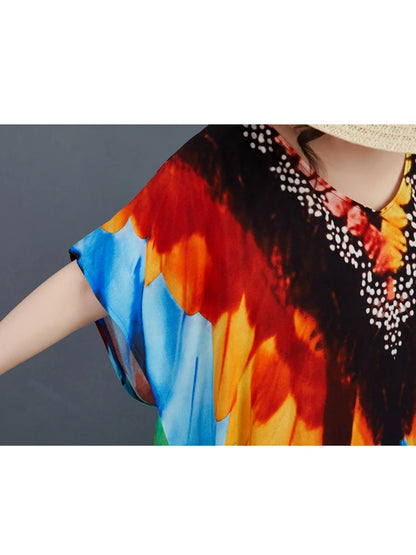 XITAO Print V-neck Batwing Sleeve Contrast Color Dress Pullover Loose Temperament Casual Slimming Personality Dress GYX1515