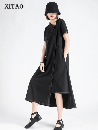 XITAO Asymmetrical Patchwork Pocket Dress Single Breasted Solid Color Short Sleeve Vintage Casual Match Slimming Dress ZMY1339