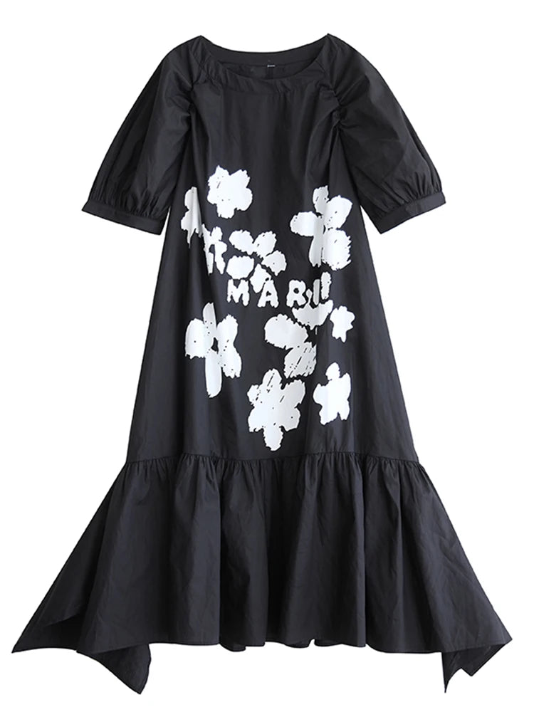 XITAO Patchwork Print Flower Ruffles Dress Casual Half Sleeve O-neck Leisure Sweet Simple Loose Fitting New Summer Dress ZY8940