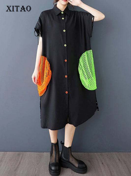 XITAO Irregular Hollow Out Female Shirt Dress Personality Contrast Color Patchwork Women Loose Vintage Slimming Dress ZMY1057