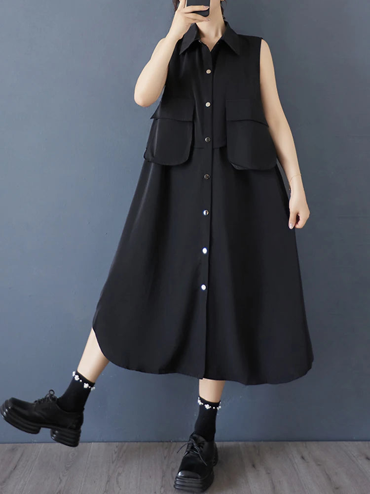 XITAO Single Breasted Turn-down Collar Pocket Dress Casual Loose Fitting Personality Fashion Korea Summer Female Dress ZMY1193