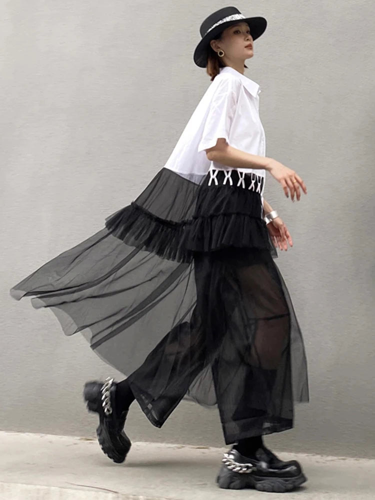 XITAO Mesh Single Breasted Turn-down Collar Dress Casual Slimming A-line Patchwork Short Sleeve Summer Women Dress ZMY1073
