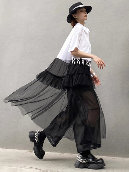 XITAO Mesh Single Breasted Turn-down Collar Dress Casual Slimming A-line Patchwork Short Sleeve Summer Women Dress ZMY1073