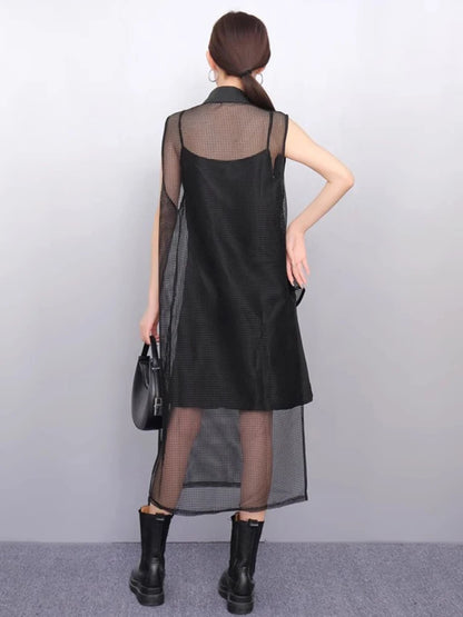 XITAO Asymmetrical Mesh Sleeveless Loose Dress Hollow Out Temperament Solid Color Elegant Casual Summer Woman Dress ZMY1276