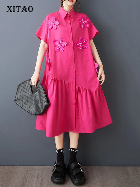 XITAO Flower Turn-down Collar Short Sleeve Dress Solid Color Irregular Patchwork Loose Casual Sweet Summer Woman Dress ZMY1386