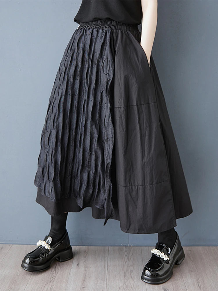 XITAO Gauze Patchwork Asymmetrical Skirts Contrast Color Elastic Waist A-line Mid-calf Casual Slimming Summer Skirt GYX1531