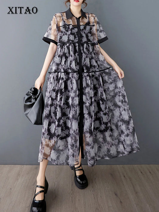 XITAO Print Patchwork Gauze Two Piece Dress Loose Short Sleeve Single Breasted New Temperament Summer Woman Dress ZMY1243
