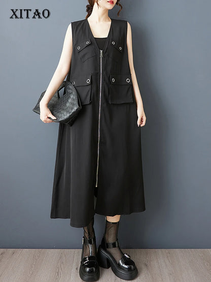 XITAO Zipper Pocket V-neck Dress Sleeveless Casual Solid Color Patchwork Temperament Slimming Summer Woman Dress ZMY1311