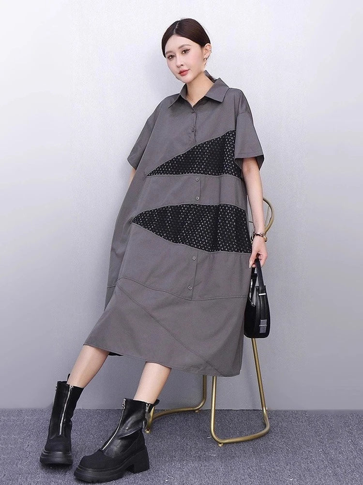 XITAO Hollow Out Patchwork Gauze Dress New Arrival Turn-down Collar Short Sleeve Pocket Loose Elegant Woman Woman Dress HQQ2512