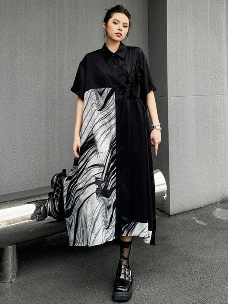 XITAO Loose Patchwork Print Dress Vintage Contrast Color Single Breasted Women Summer Casual Slimming Irregular Dress HQQ2356