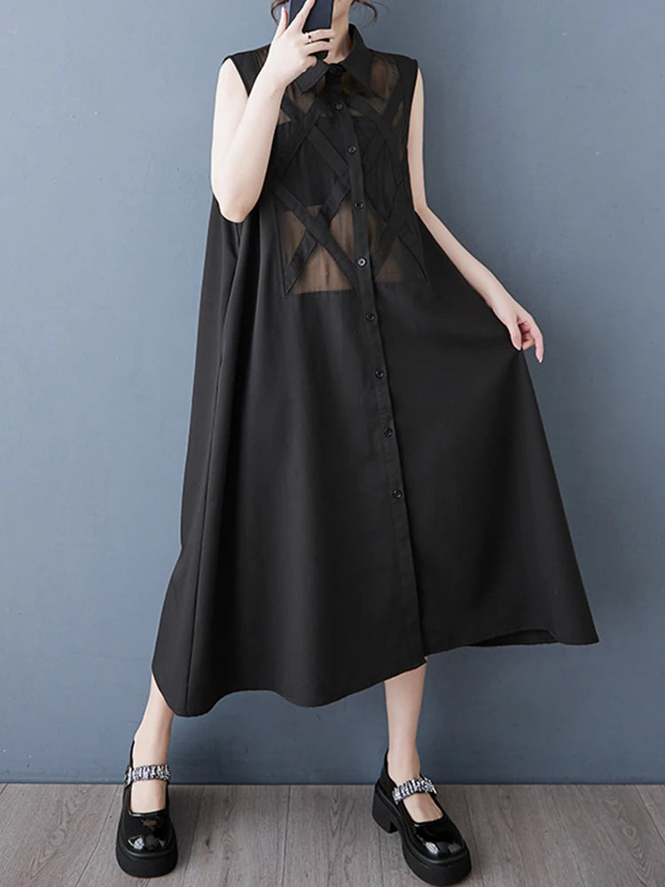 XITAO Patchwork Mesh Dress Turn-down Collar Casual Solid Color Sleeveless Lapel Fashion Sweet Spring Women Dress GYX1407