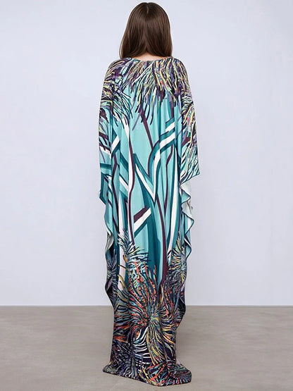 XITAO Print Batwing Sleeve Dress Casual A-line Personality Loose Fitting V-neck Full Sleeve New Summer Female Dress GJ1150