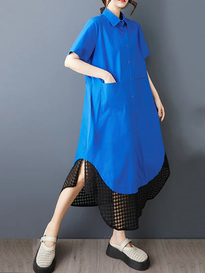 XITAO Loose Patchwork Mesh Dress Casual Slimming Single Breasted Women Summer Short Sleeve Turn-down Collar Dress ZMY1209