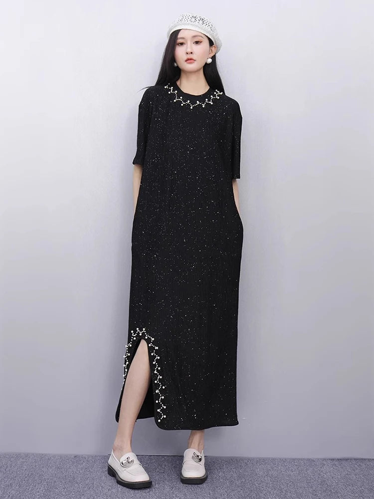 XITAO Embroidered Flares Patchwork Asymmetrical Dress Solid Color O-neck Pullover Slimming All Match Temperament Dress ZMY1186