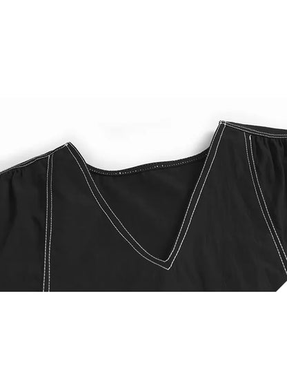 XITAO Loose V-neck Folds Female Dress Elegant Temperament A-line Women  Fashion Slimming Long Sleeve Pullover GMM1322