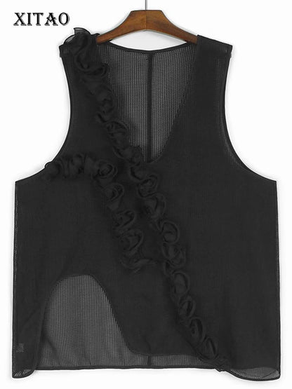 XITAO Grid Asymmetrical Flower V-neck Vest Casual Loose Sleeveless Fashion Solid Color Personality Summer Women Vest ZMY1126