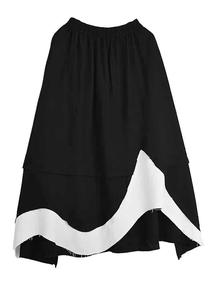 XITAO Contrast Color Asymmetrical Pocket Skirt Elastic Waist Patchwork A-line Loose Mid-calf Slimming Personality Skirt HQQ2444