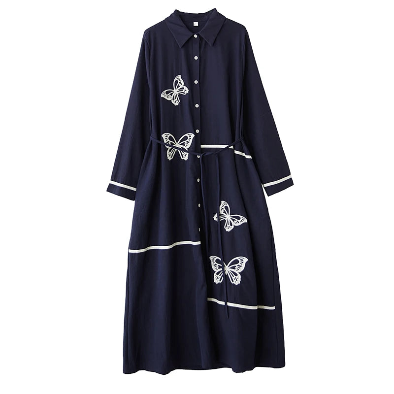 XITAO Embroidery Single Breasted Lapel Dress Casual New Arrival Slimming Fashion Full Sleeve A-line Spring Women Dress GYX1514