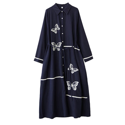 XITAO Embroidery Single Breasted Lapel Dress Casual New Arrival Slimming Fashion Full Sleeve A-line Spring Women Dress GYX1514