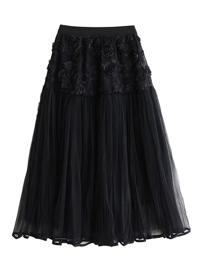XITAO Flower Patchwork Lace Elastic Waist Skirt Casual A-line Fashion All Match Personality New Summer Female Skirt ZMY1142