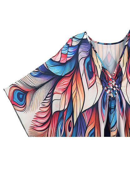 XITAO Bat Wing Sleeve Loose V-neck Dress Peacock Print Pullover Contrast Color Vintage Slimming Summer Woman Dress GJ1156