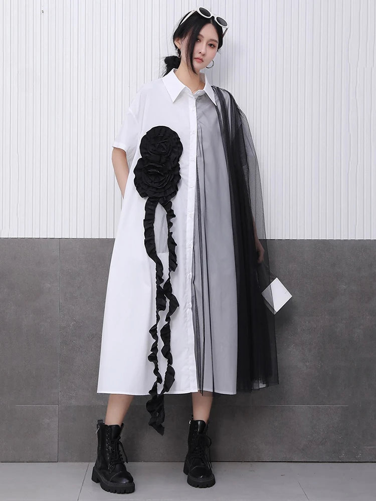 XITAO Three-dimensional Decoration Patchwork Women Dress Gauze Split Contrast Color Turn-down Collar Slimming Dress GYX1645