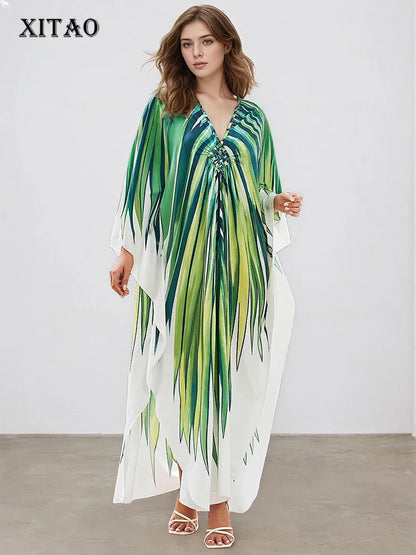 XITAO Striped Contrast Color Dress Elegant Small Fresh A-line Loose Casual Bat Wing Sleeve Side Slit Summer Woman Dress GJ1166