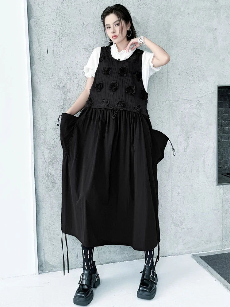 XITAO Loose Flower Patchwork Dress Casual Solid Color Pocket Drawstring Women O-neck Sleeveless Simple Temperament Dress HQQ2468