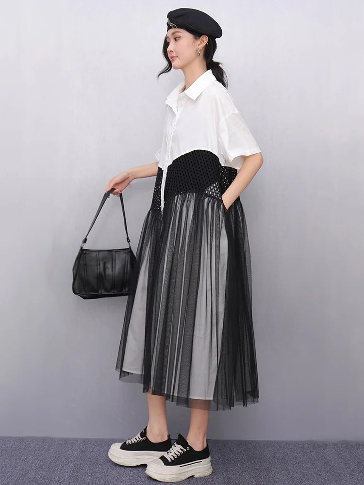 XITAO Contrast Color Hollow Out Patchwork Gauze Dress Turn-down Collar Short Sleeve Single Breasted Loose Casual Dress GYX1617