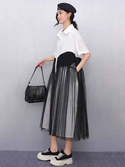 XITAO Contrast Color Hollow Out Patchwork Gauze Dress Turn-down Collar Short Sleeve Single Breasted Loose Casual Dress GYX1617
