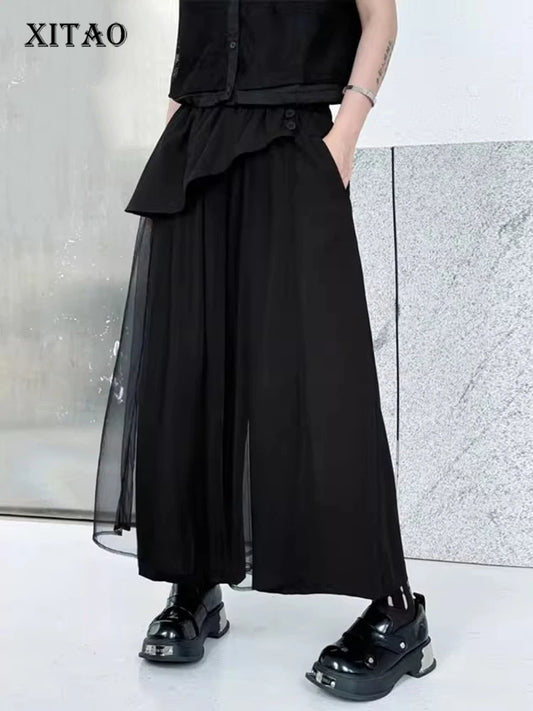 XITAO Mesh Casual Wide Legs Pant Loose Fitting Slim Elastic Waist Slim Patchwork Solid Color Fashion Spring Female Pant ZMY1342