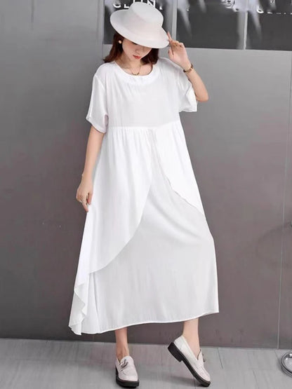 XITAO Irregular O-neck Loose Dress Solid Color Short Sleeve Patchwork Simple Casual Elegant All-match Summer Woman Dress ZMY1381