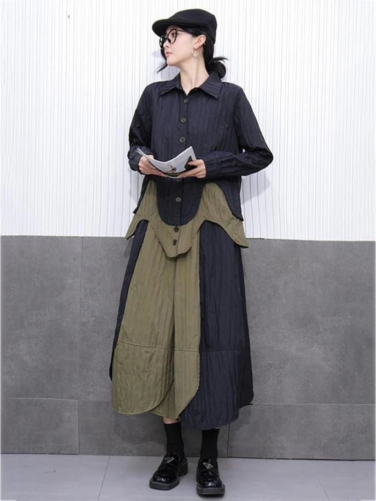XITAO Patchwork Single Breasted Women Set Casual Turn-down Collar Full Sleeve Vintage Elegant A-line Spring Female Set GYX1537