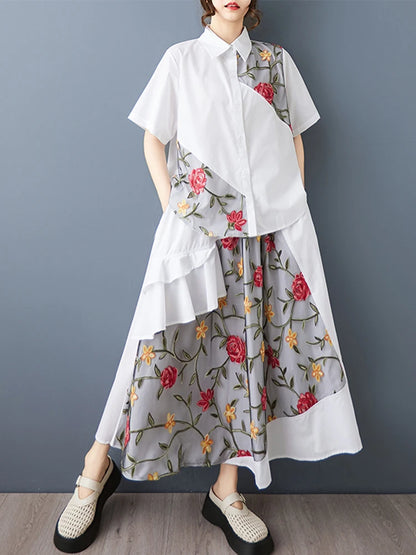 XITAO Embroidery Patchwork Gauze Sets Turn-down Collar Short Sleeve Two-piece Elastic Waist A-line Summer Dress Sets ZMY1389