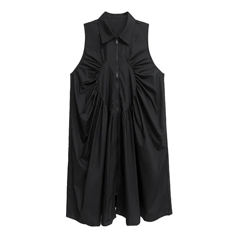 XITAO Pleated Zipper Turn-down Collar Dress Sleeveless A-line Patchwork Solid Color Simple Casual Summer Women Dress ZMY1051