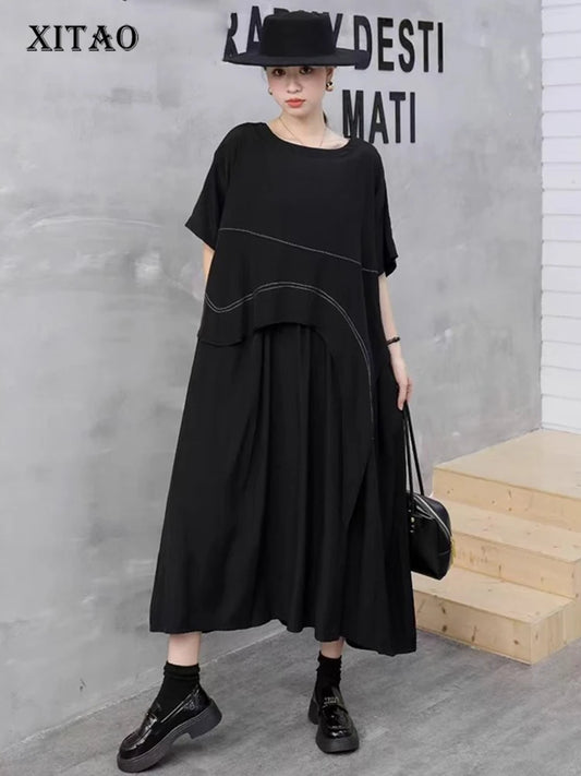 XITAO A-line O-neck Vintage Dress Solid Color Patchwork Short Sleeve All-match Pullover Personality Summer Woman Dress ZMY1380