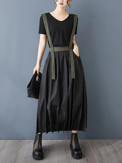 XITAO Folds Suspenders Contrast Color Skirts Casual Pocket Patchwork All Match A-line Loose Slimming Personality Skirt ZY8932