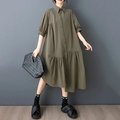 XITAO Asymmetrical Solid Color Female Dress Loose Turn-down Collar Short Half Sleeve A-line Single Breasted Woman Dress ZMY1264