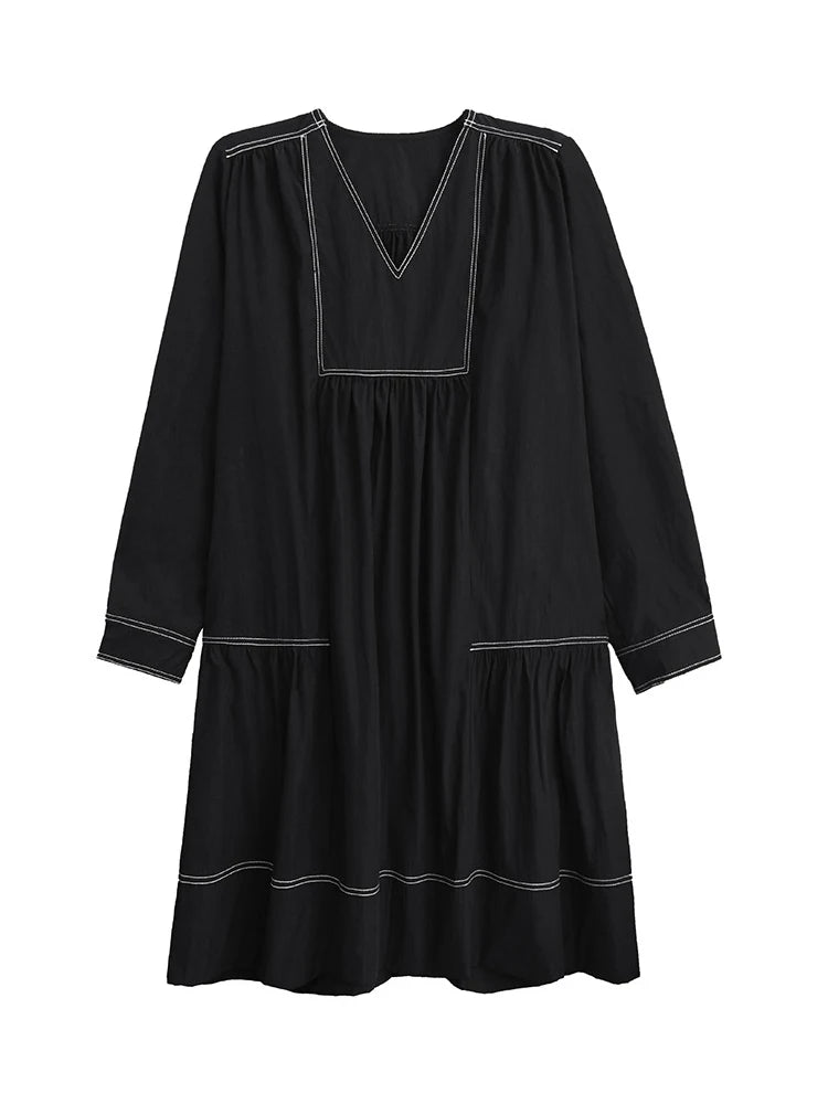 XITAO Loose V-neck Folds Female Dress Elegant Temperament A-line Women  Fashion Slimming Long Sleeve Pullover GMM1322