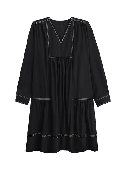 XITAO Loose V-neck Folds Female Dress Elegant Temperament A-line Women  Fashion Slimming Long Sleeve Pullover GMM1322