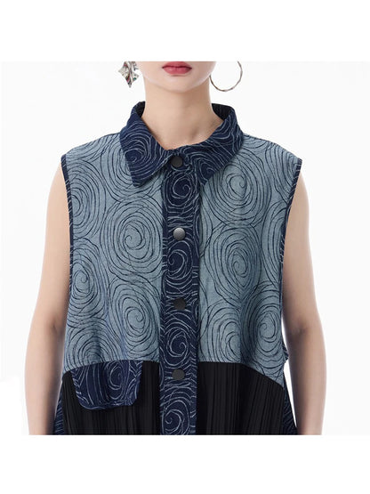 XITAO Patchwork Single Breasted Sleeveless Dress Turn-down Collar A-line Casual Pocket New Personality Female Dress GYX1522
