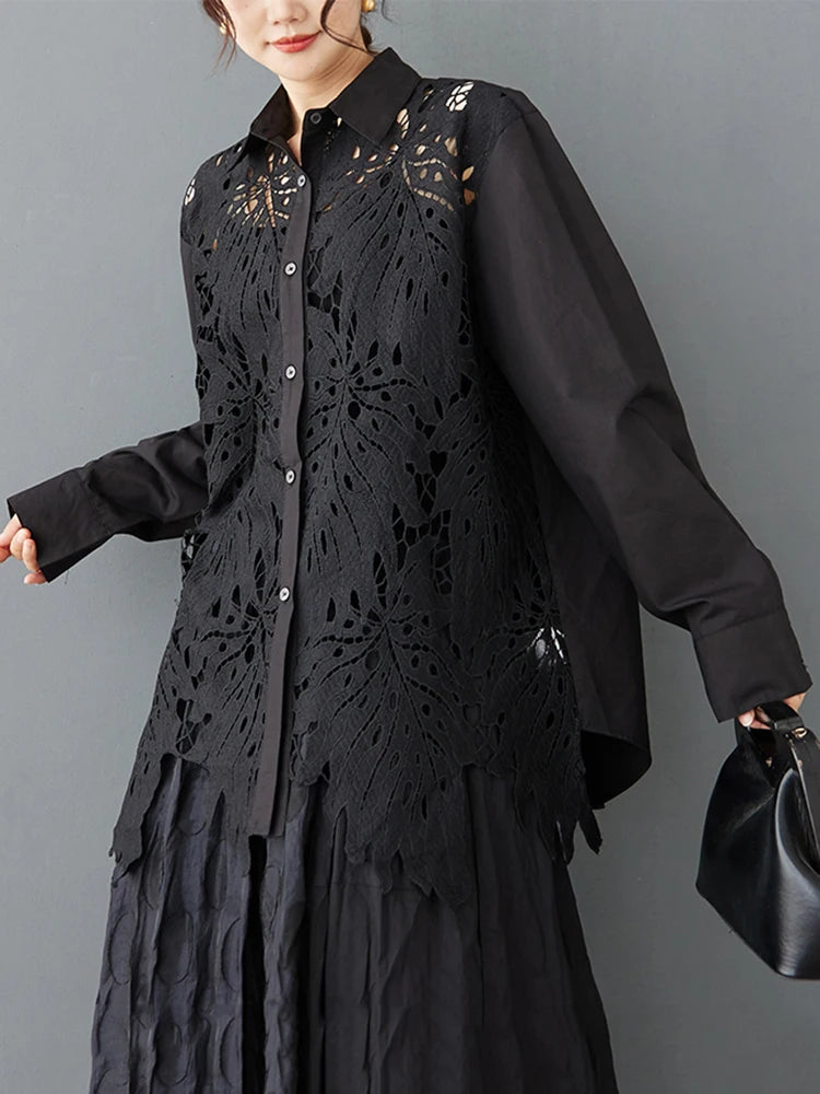 XITAO Hollow Out Lace Patchwork Women Shirt Single Breasted Turn-down Collar Solid Color Long Sleeve Loose All Match Top ZY8934