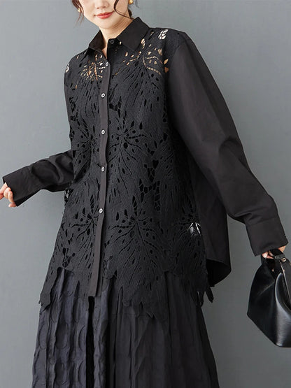 XITAO Hollow Out Lace Patchwork Women Shirt Single Breasted Turn-down Collar Solid Color Long Sleeve Loose All Match Top ZY8934
