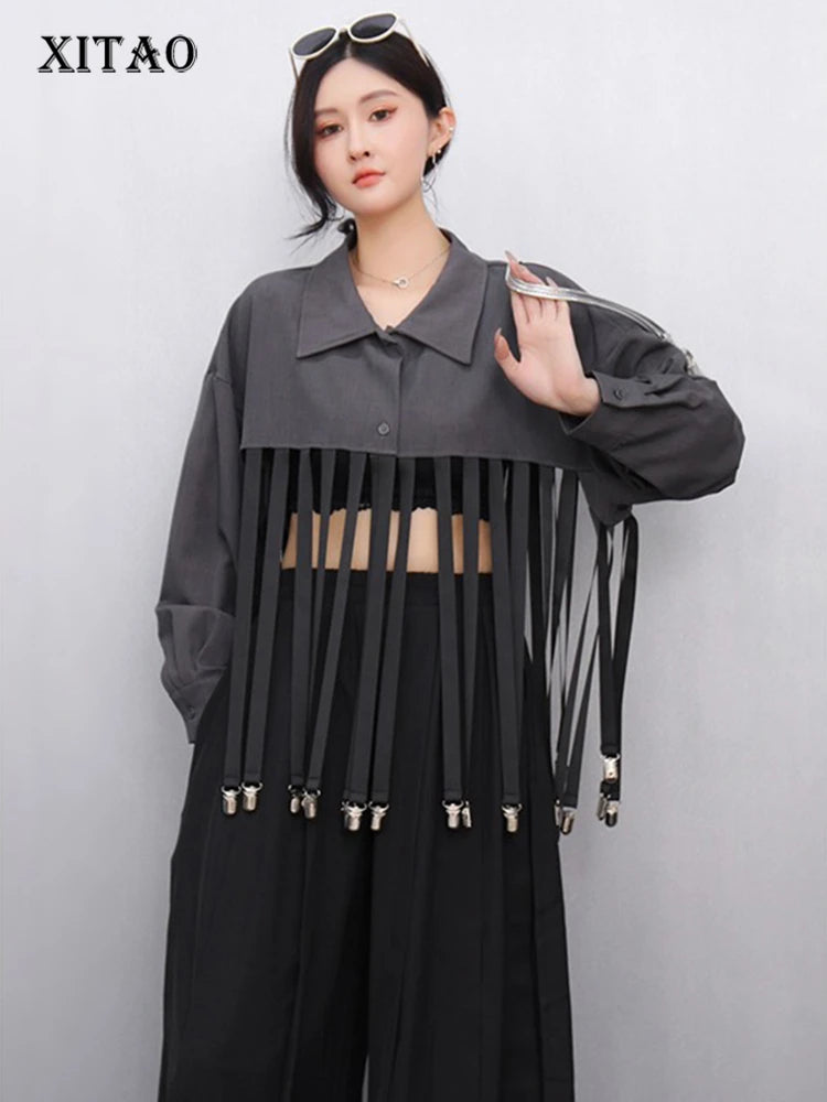 XITAO Patchwork Tassels Lapel Single Breasted Shirt Casual Loose Fitting Full Sleeve New Summer Personality Shirt GYX1619