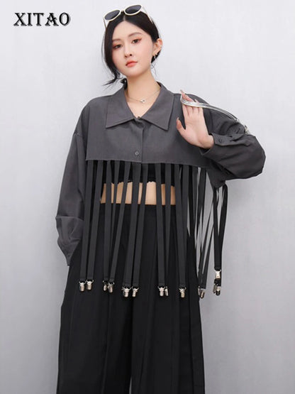 XITAO Patchwork Tassels Lapel Single Breasted Shirt Casual Loose Fitting Full Sleeve New Summer Personality Shirt GYX1619