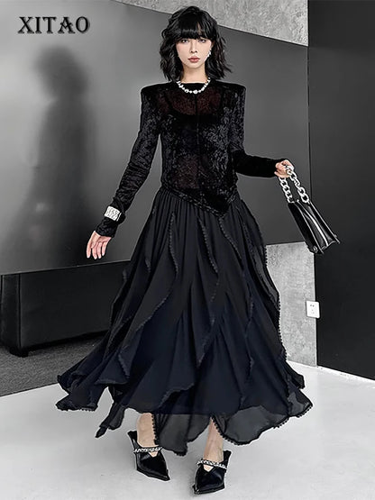 XITAO Patchwork Lace A-line Skirt Casual Solid Color Elastic Waist Loose Fitting Fashion New Elegant Summer Women Skirt GYX1641