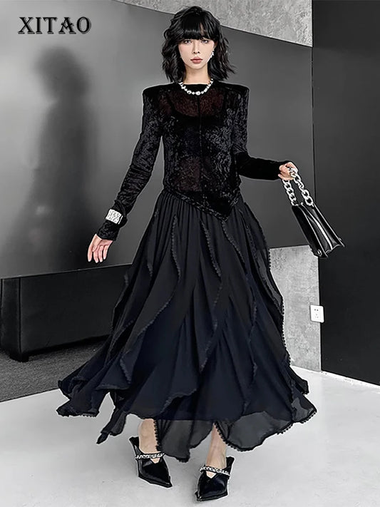XITAO Patchwork Lace A-line Skirt Casual Solid Color Elastic Waist Loose Fitting Fashion New Elegant Summer Women Skirt GYX1641