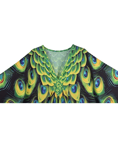 XITAO Batwing Sleeve Print Contrast Color Pullover Dress V-neck Loose New Temperament Ankle-length Women Dress Summer GJ1143