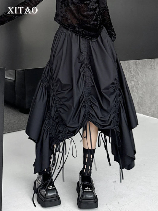 XITAO Drawstring Irregular Elastic Waist Skirt Casual Simple Solid Color Fashion Pleated Personality Summer Female Skirt ZMY1080